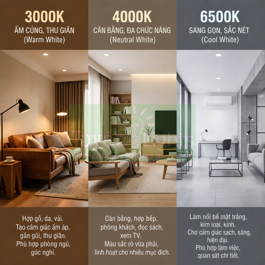 So sánh ánh sáng đèn LED 3000K 4000K 6500K trong phòng khách và phòng làm việc hiện đại